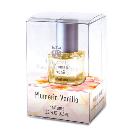 Hawaiian Plumeria Vanilla Perfume in elegant gift box packaging.