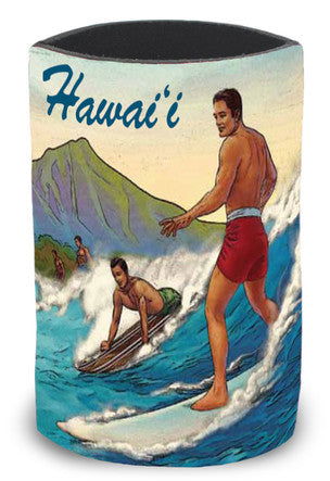 Island can cooler featuring a Vintage Surf design, showcasing retro surf artwork and beach motifs, perfect for keeping your beverages cool in style.