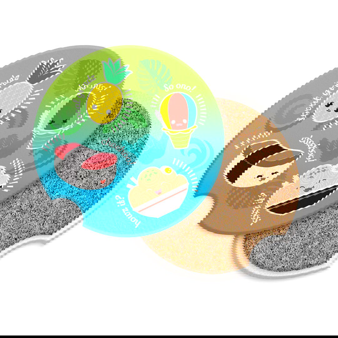 Island Car Coasters with the playful Local Grindz design, perfect for protecting your car’s cup holders.