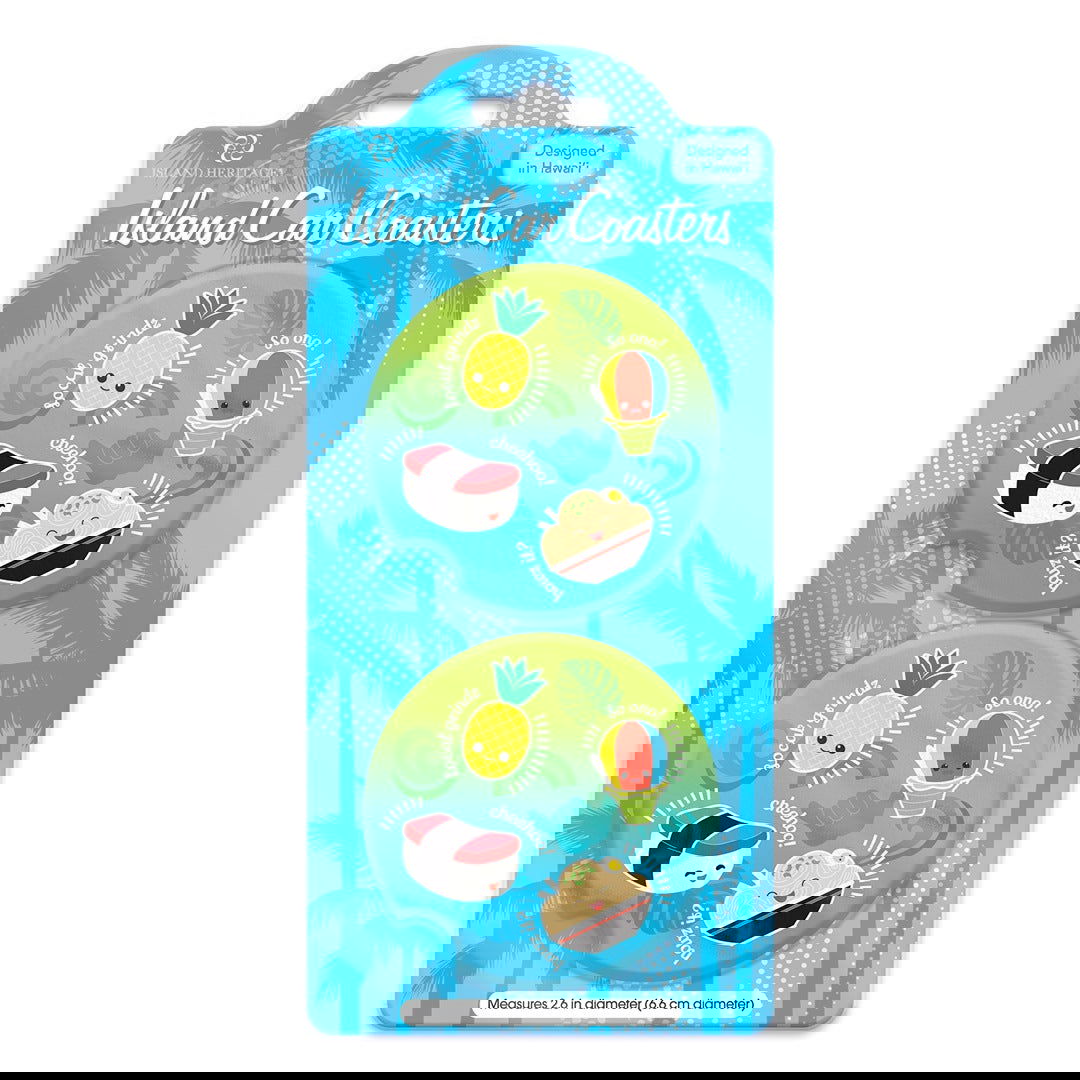 Fun and functional Island Car Coasters with a Local Grindz theme, perfect for preventing spills in your vehicle.