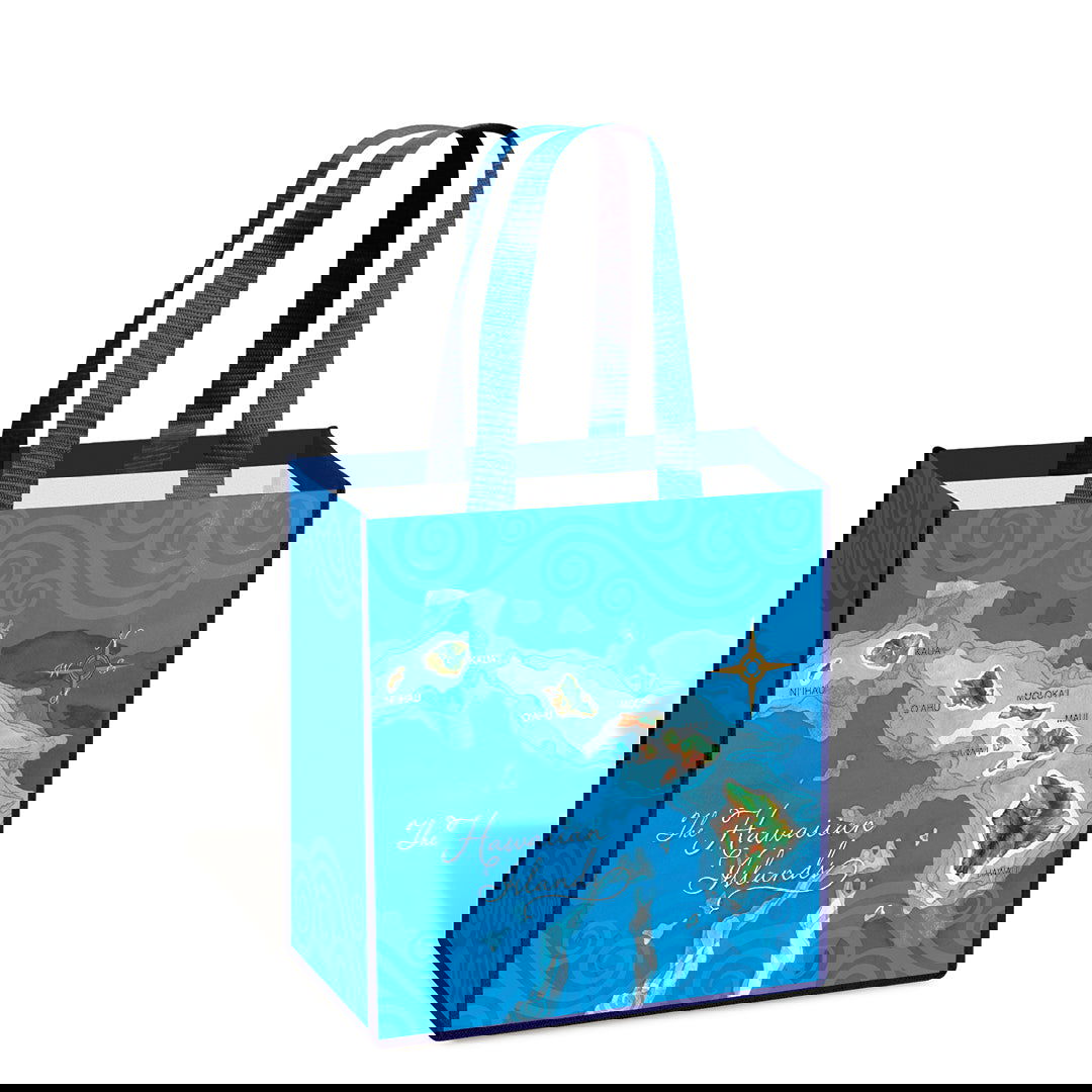 Island tote bag featuring a blue Hawaii map design, showcasing detailed illustrations of the islands and coastal elements, ideal for carrying essentials.
