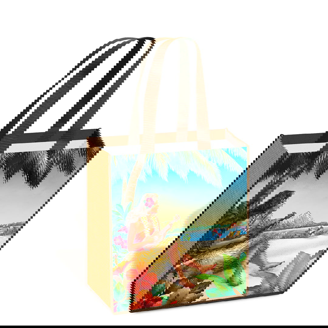 Island tote bag featuring a Vintage Hawai‘i design, showcasing retro illustrations and classic Hawaiian motifs, perfect for everyday use.