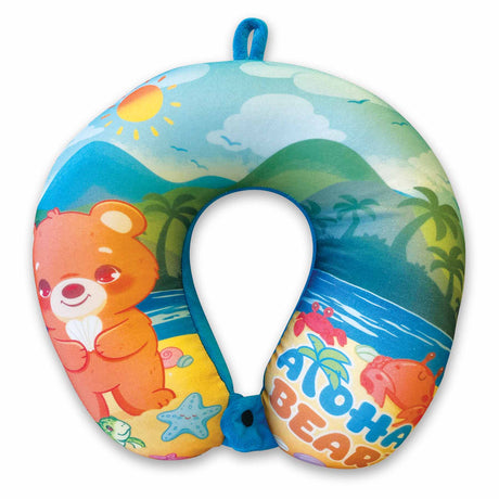Colorful neck pillow with a bear design and 'Aloha Bear' text on a white background