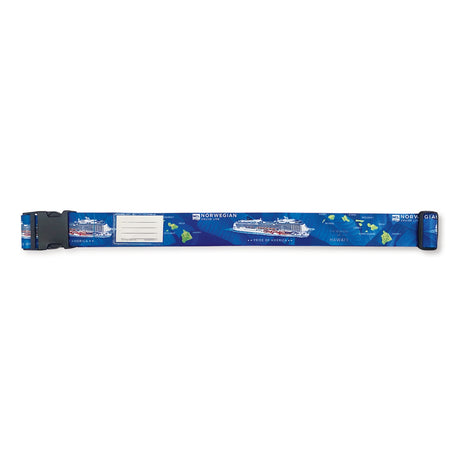Pride of America Ocean Palms luggage strap, 71”L x 2”W, adjustable with a strong buckle, vibrant design, and blank ID card for easy suitcase identification.