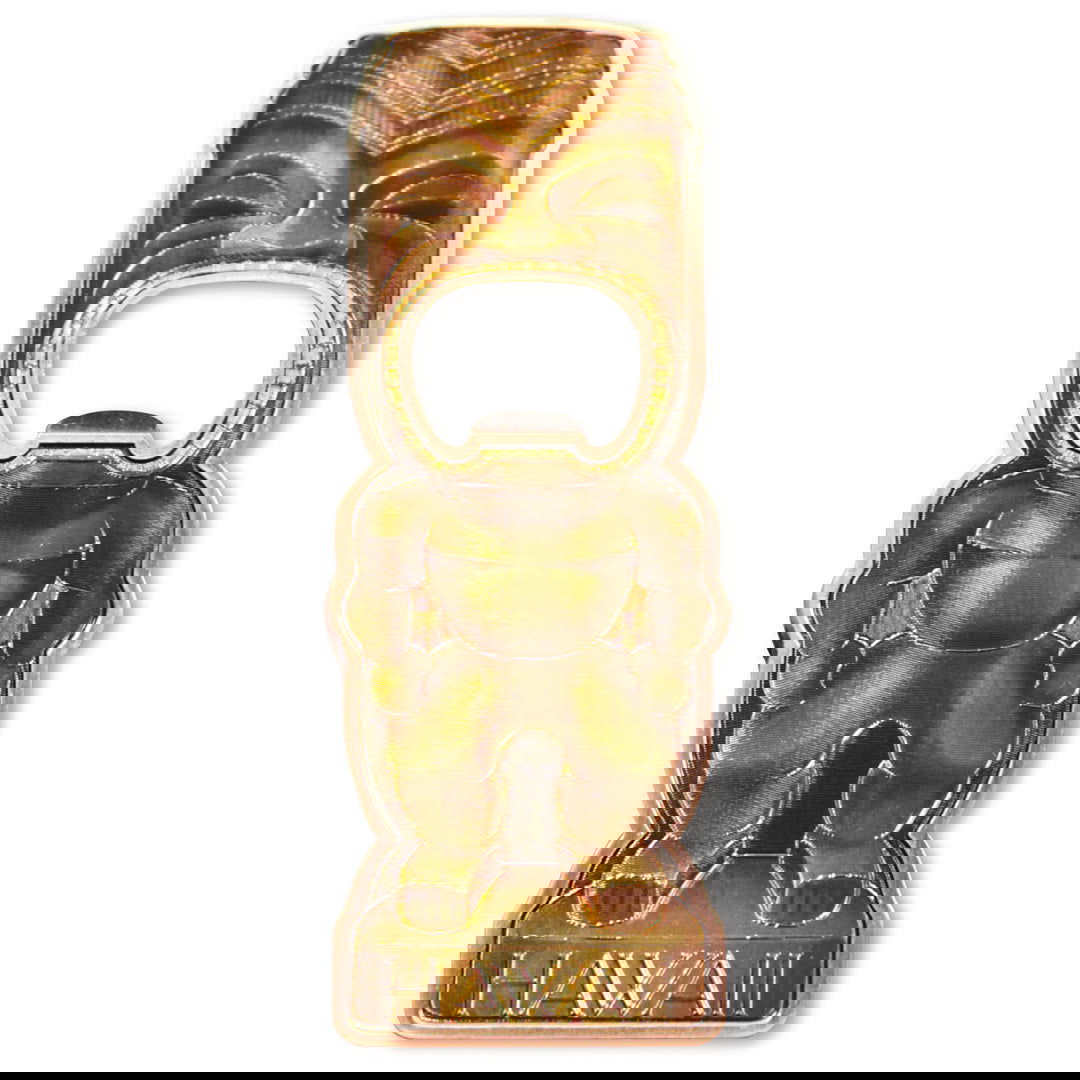 Magnetic bottle opener shaped like a surfboard, displaying a bold Chanting Tiki design with traditional Hawaiian art elements.