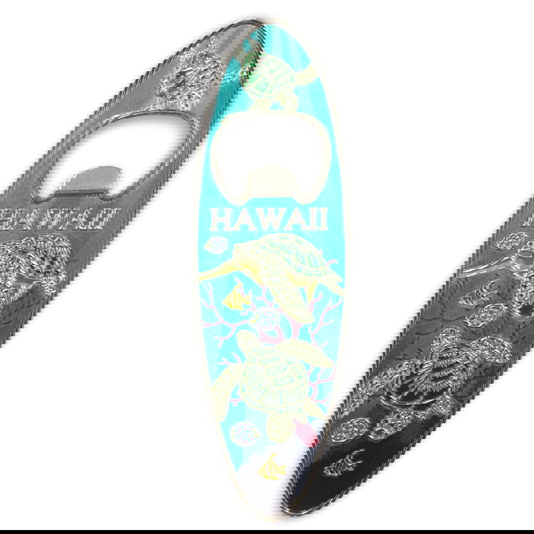 Magnetic bottle opener designed in the shape of a surfboard, featuring a vibrant green honu (sea turtle) design.