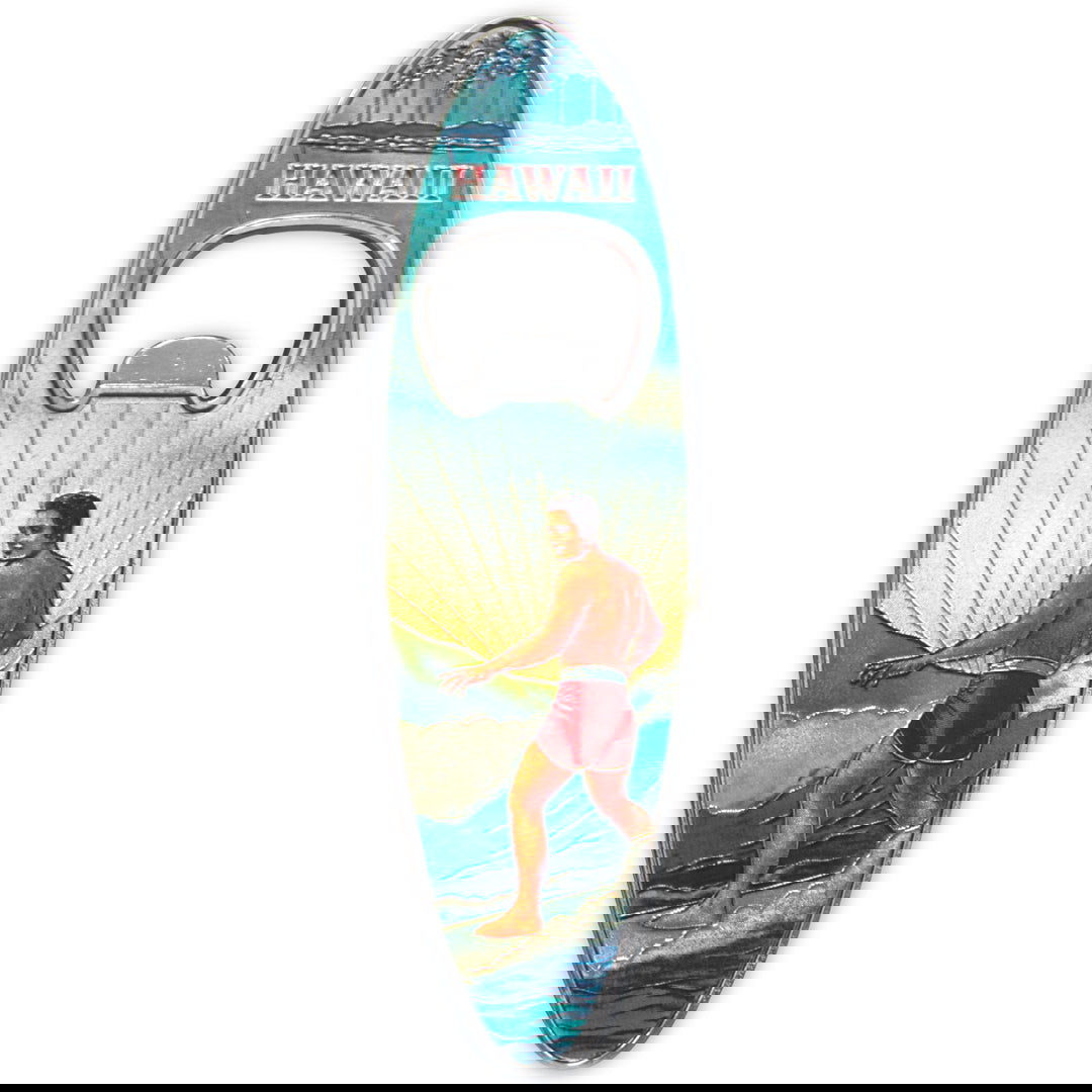 Magnetic bottle opener shaped like a surfboard, with a 'Surf Hawaii' design inspired by tropical beach culture.