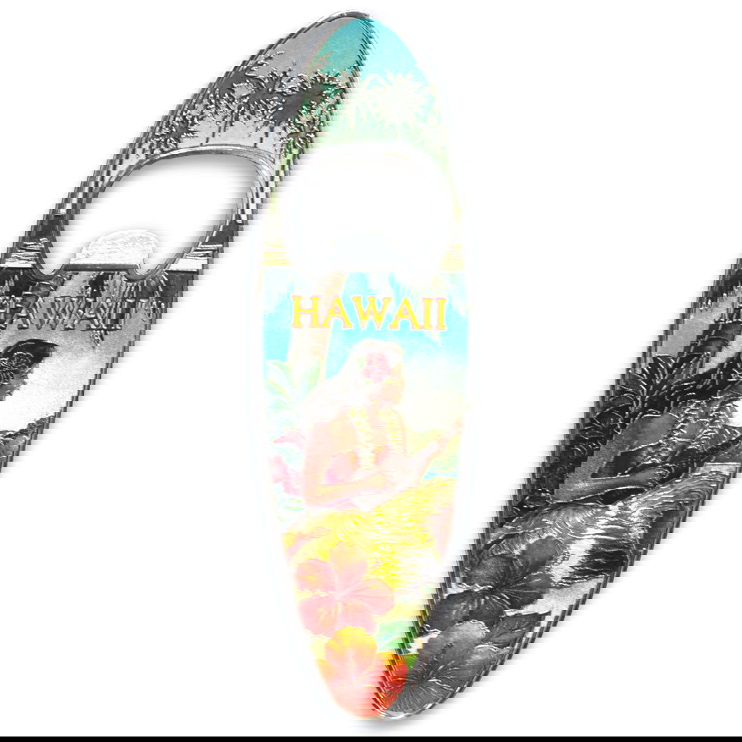 Magnetic bottle opener shaped like a surfboard, featuring a vintage Hawaii design with retro island motifs.
