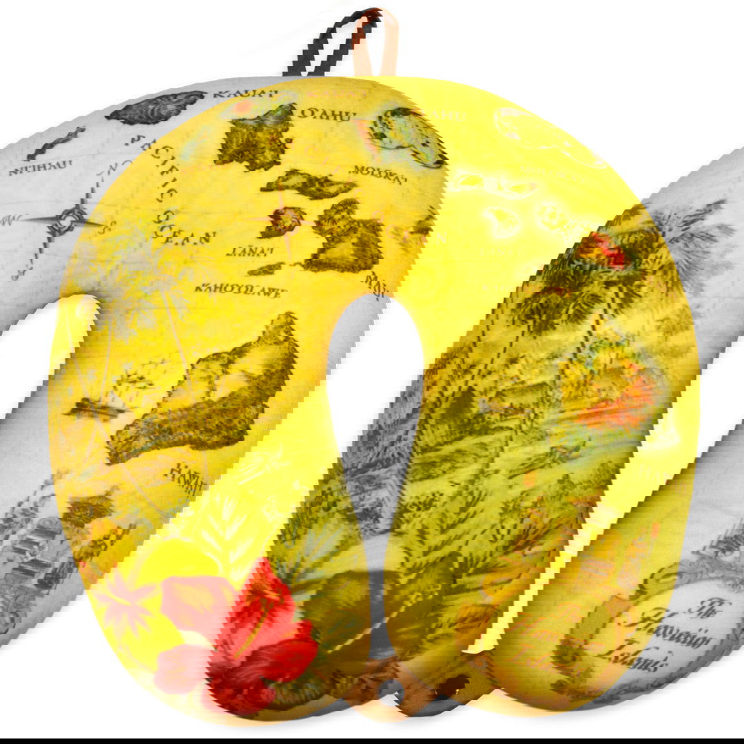 Microfiber neck pillow featuring a tan design with the Islands of Hawaii, showcasing detailed illustrations of the islands, perfect for comfort during travel.