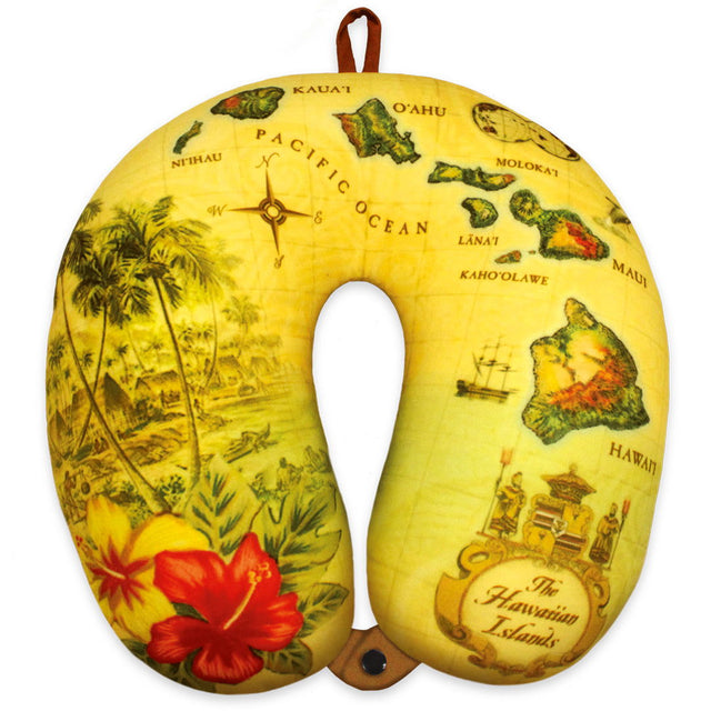Microfiber neck pillow featuring a tan design with the Islands of Hawaii, showcasing detailed illustrations of the islands, perfect for comfort during travel.