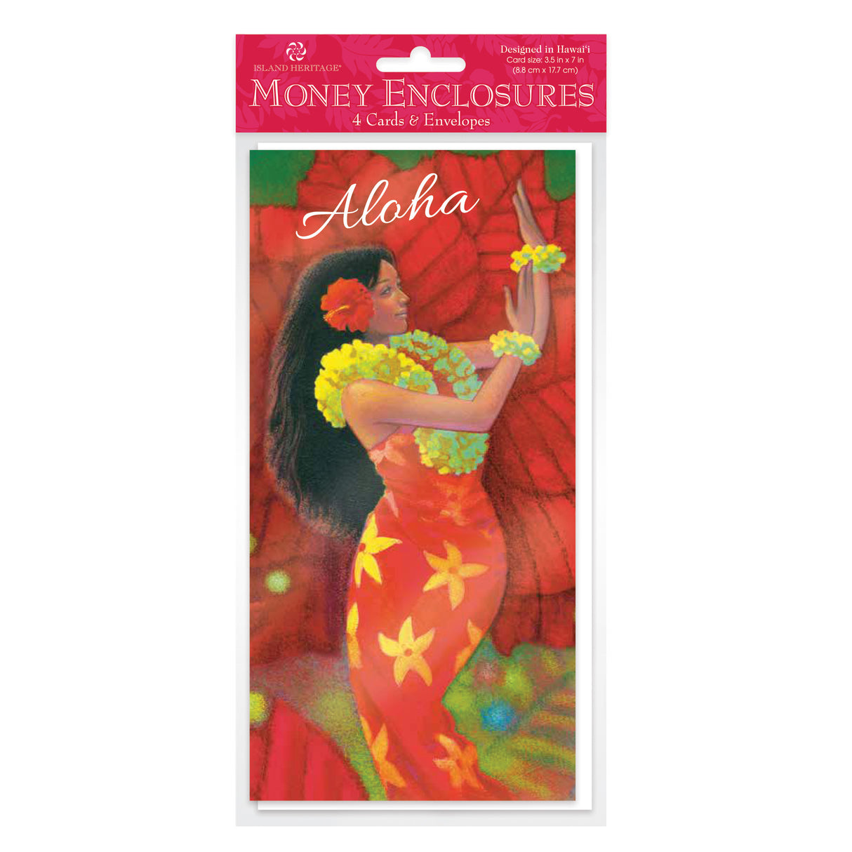 Hawaii-themed money enclosures from Our Island Heritage, featuring tropical designs, 7” H x 3.5” W, perfect for cash gifts, gift cards, or tickets. Includes four enclosures with blank envelopes.
