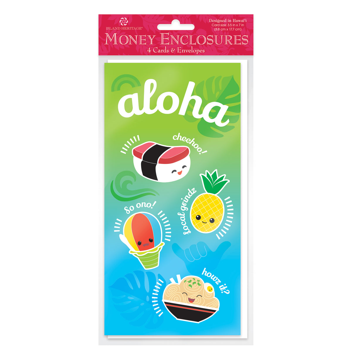 Hawaii-themed money enclosures from Our Island Heritage, 7” H x 3.5” W, featuring tropical designs with inside message flaps, gift card cuts, and blank envelopes. Ideal for cash gifts and special occasions.