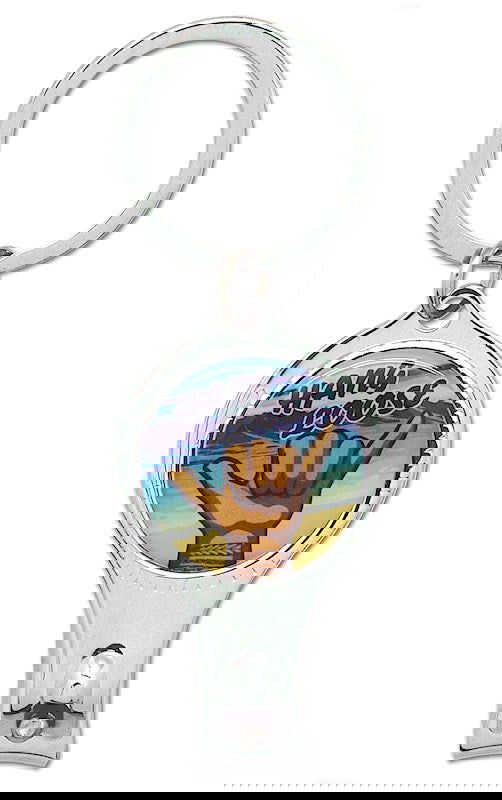 Nail clipper keychain featuring a Hang Loose Shaka design, showcasing vibrant graphics that embody the relaxed spirit of island life, perfect for convenient nail care.