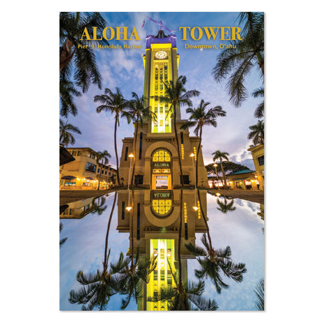 O‘ahu Aloha Tower Reflections Postcard showcasing the iconic Aloha Tower at sunset, a vibrant design perfect for sending aloha from Hawai‘i.