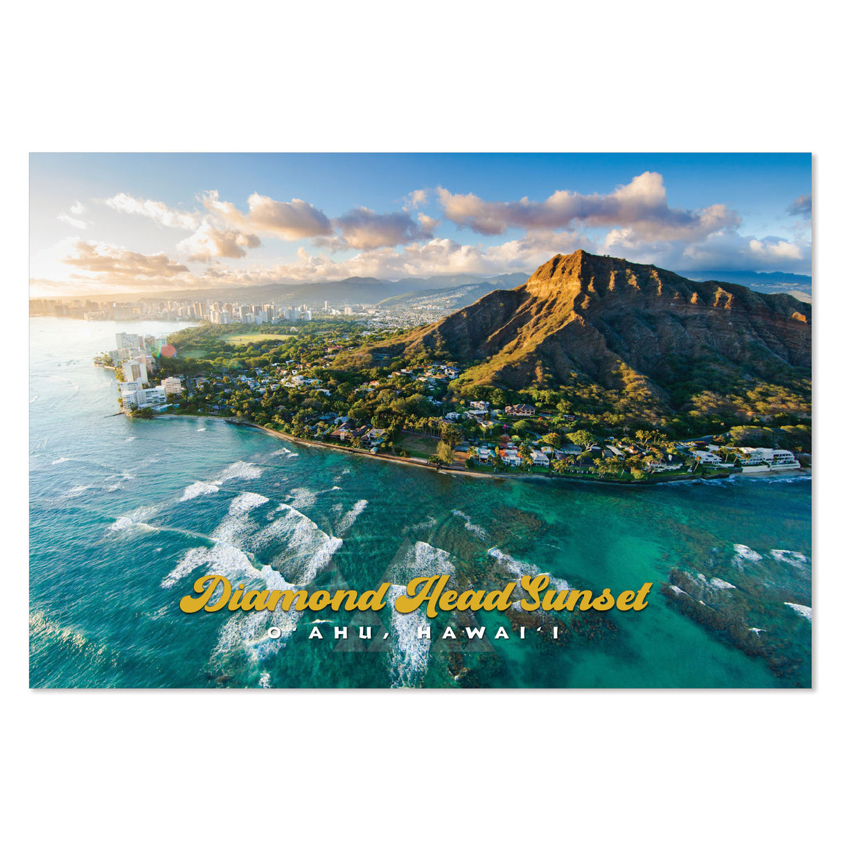 O‘ahu Diamond Head Sunset Postcard featuring vibrant O‘ahu landmarks, perfect for sending or keeping as a souvenir.