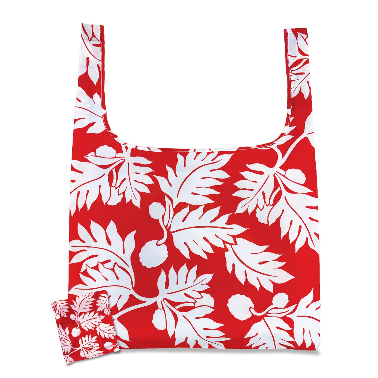 Compact folded view of the Ulu Red Foldable Tote, easily stored in its own pouch for convenience