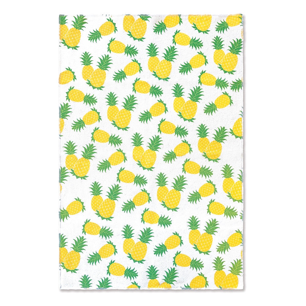 A white microfiber kitchen towel with pineapples.