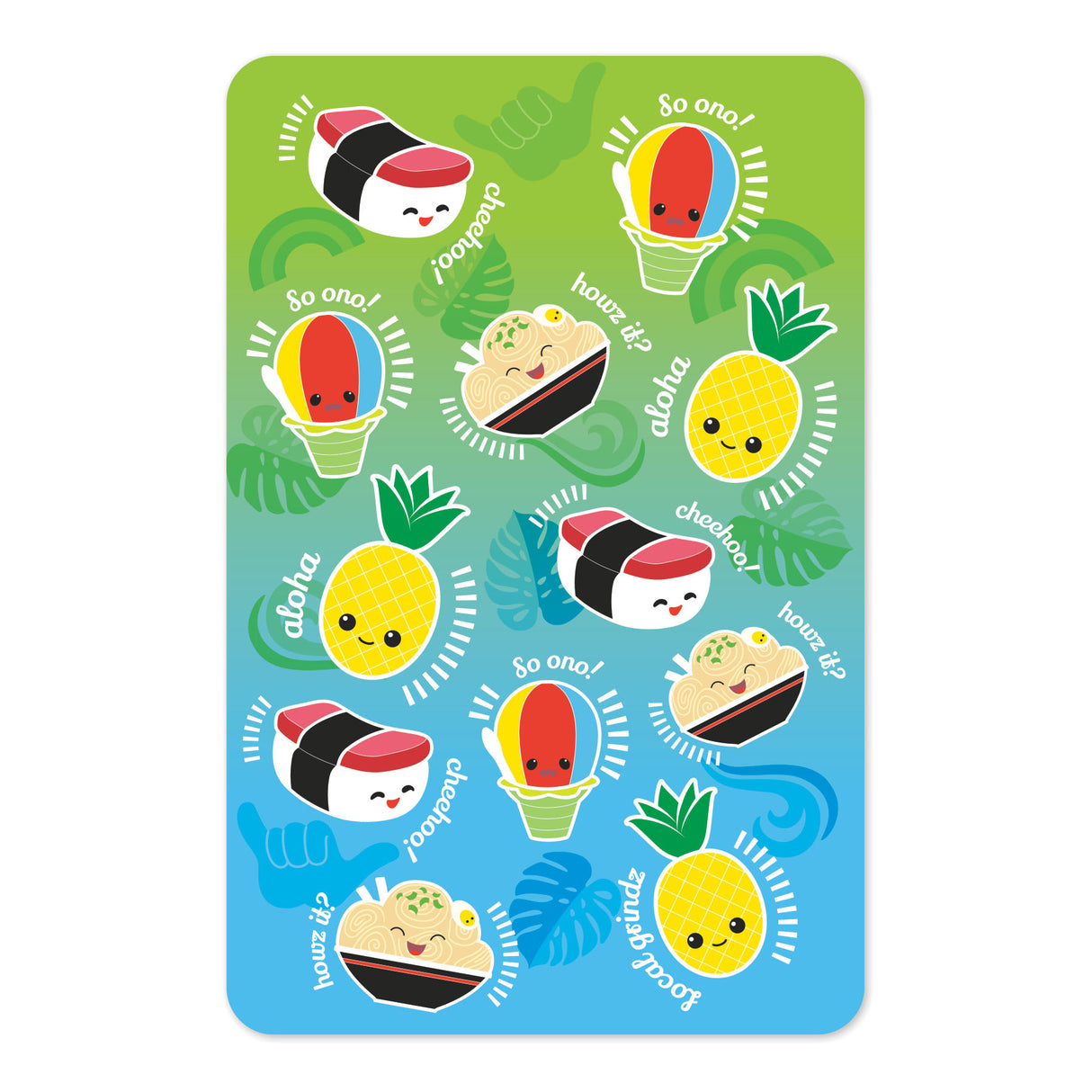 Local Grindz island-themed playing cards from Our Island Heritage, bridge-sized at 3.43” H x 2.24” W, featuring vibrant food-inspired designs in a durable clear plastic case.