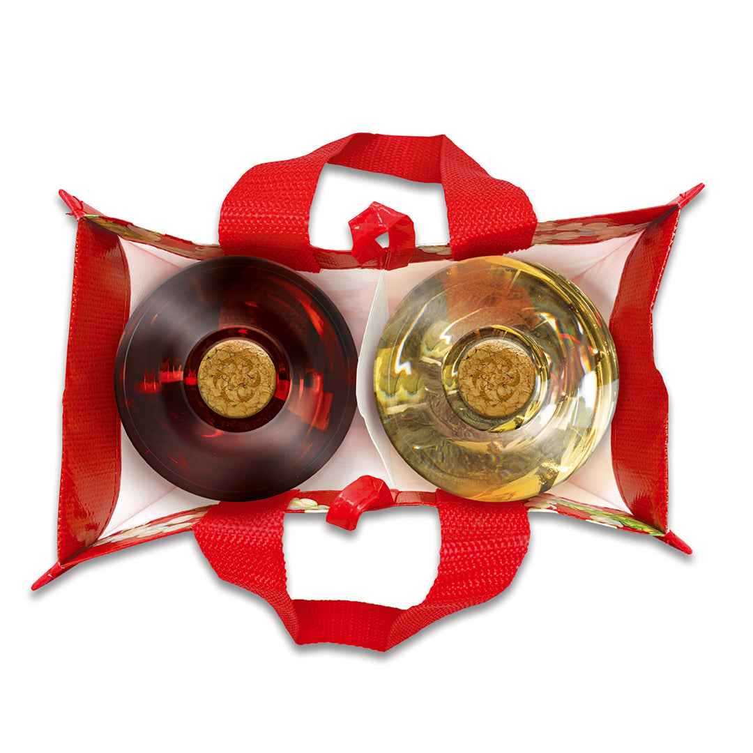 Top view of a red Hawaii lei Christmas wine bag packed with two wine bottles