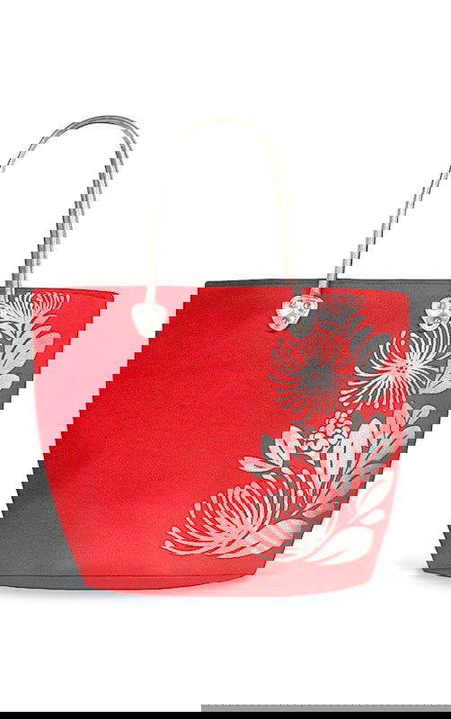 Silver tote featuring a Lehua design, showcasing vibrant tropical floral patterns, perfect for stylish and eco-friendly carrying.