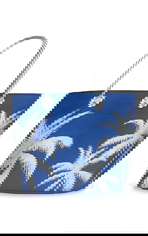 Silver tote featuring a Palms design, showcasing elegant tropical palm tree graphics, perfect for a stylish and functional accessory.