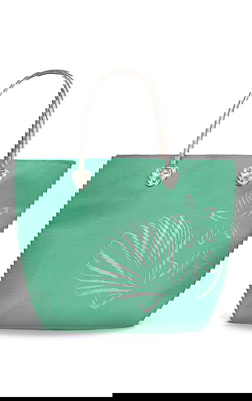 Silver tote featuring a Sea Shells design, showcasing colorful seashell graphics, perfect for a beach-inspired and stylish carrying option.