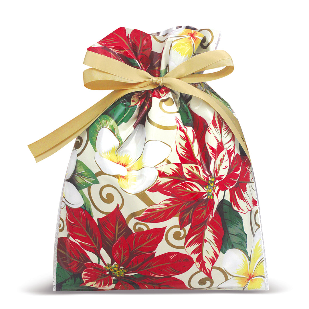 Small Foil Drawstring Gift Bags 3-Pack, Festive Plumeria
