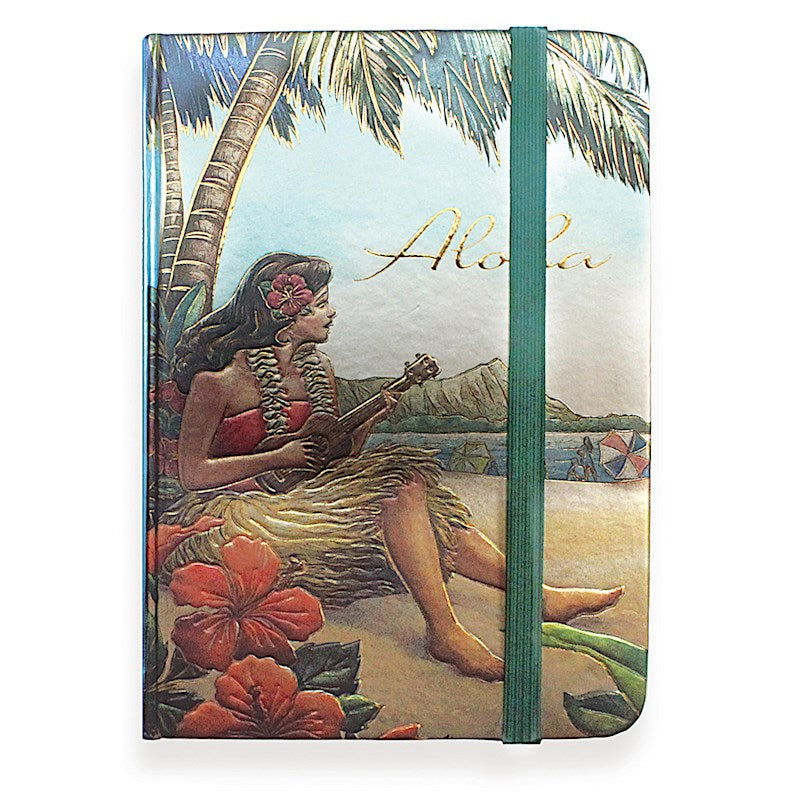 Foil notebook with an elastic band featuring a Vintage Hawaii design, showcasing retro-inspired illustrations and vibrant colors, ideal for note-taking.