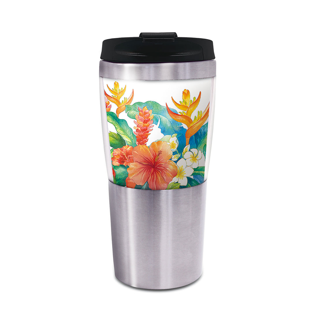 A stainless steel tumbler with a floral design visible through the transparent part, featuring a black flip top lid and a non-slip rubber base.