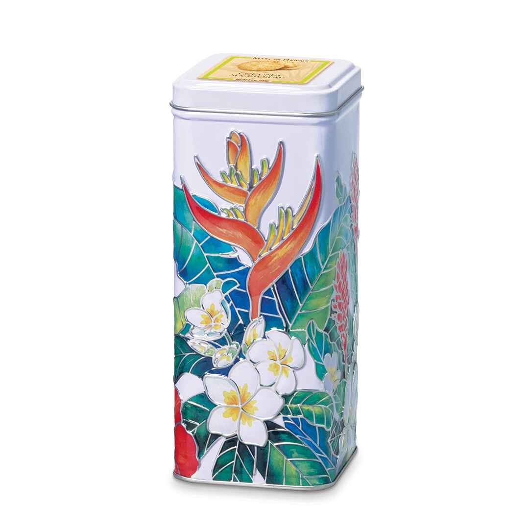 Tall cookie tin with tropical Hawaiian floral design, on white background