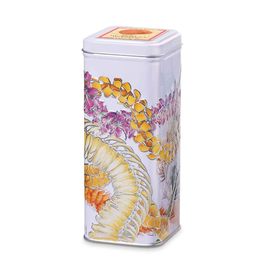 a tall cookie tin with a Hawaiian lei floral design.