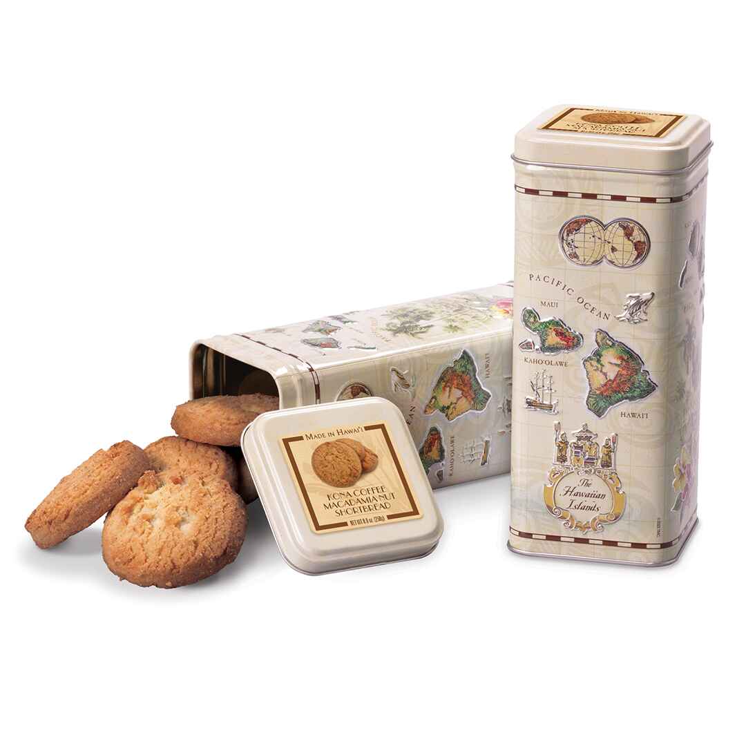 A decorative tall cookie tin with 'Islands of Hawai'i' theme, featuring macadamia nut cookies and a collectible design.