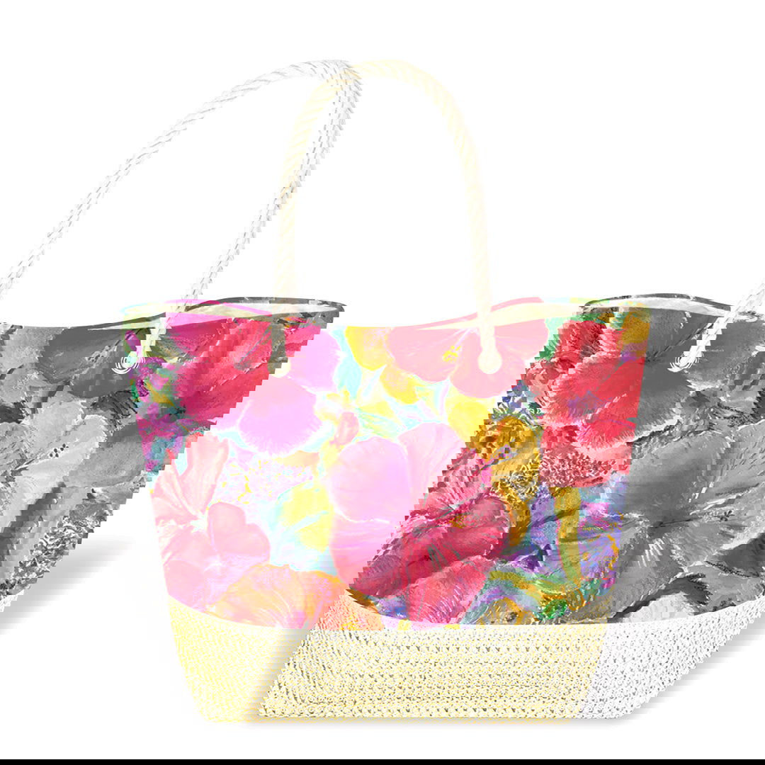 Tropical Straw Totes, Hibiscus Impression