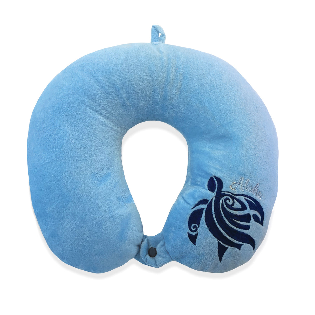 Blue Honu Painted Velvet Neck Pillow, 10" W x 11" L, plush velvet, expandable beads for neck support, with loop and snap button for easy attachment.