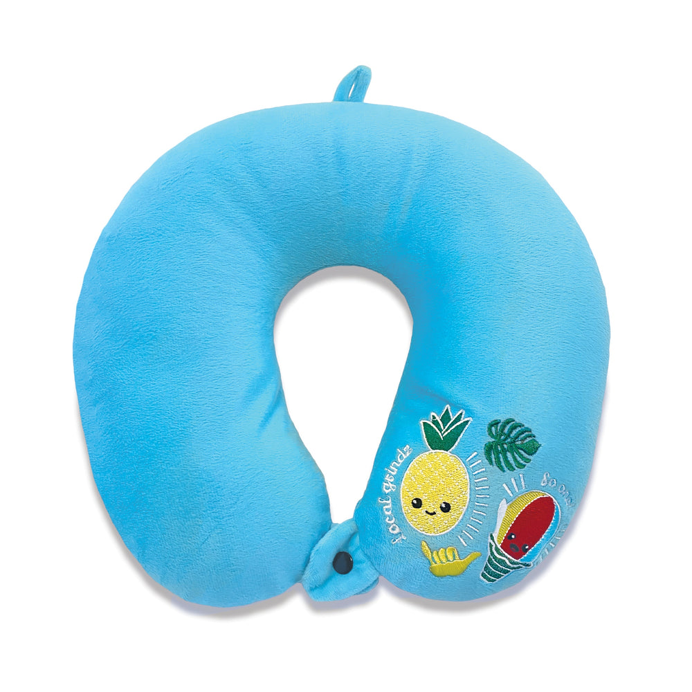 Velvet Neck Pillow, Local Grindz, soft velvet shell, expandable polystyrene beads, loop for bag attachment, and snap button for secure fit.