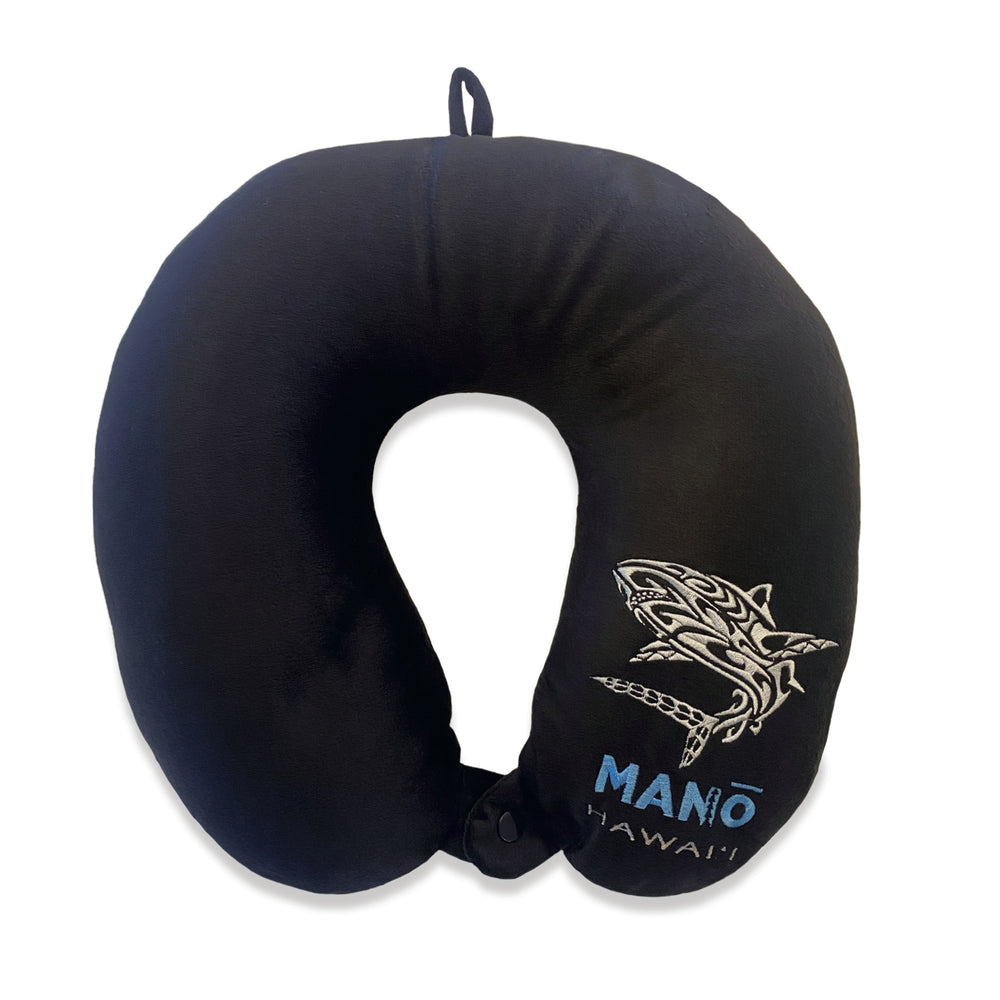 Black Velvet Neck Pillow, Manō Hawai‘i, soft velvet shell, expandable polystyrene beads, loop for easy attachment, and snap button for secure fit.