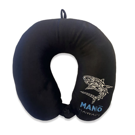 Black Velvet Neck Pillow, Manō Hawai‘i, soft velvet shell, expandable polystyrene beads, loop for easy attachment, and snap button for secure fit.