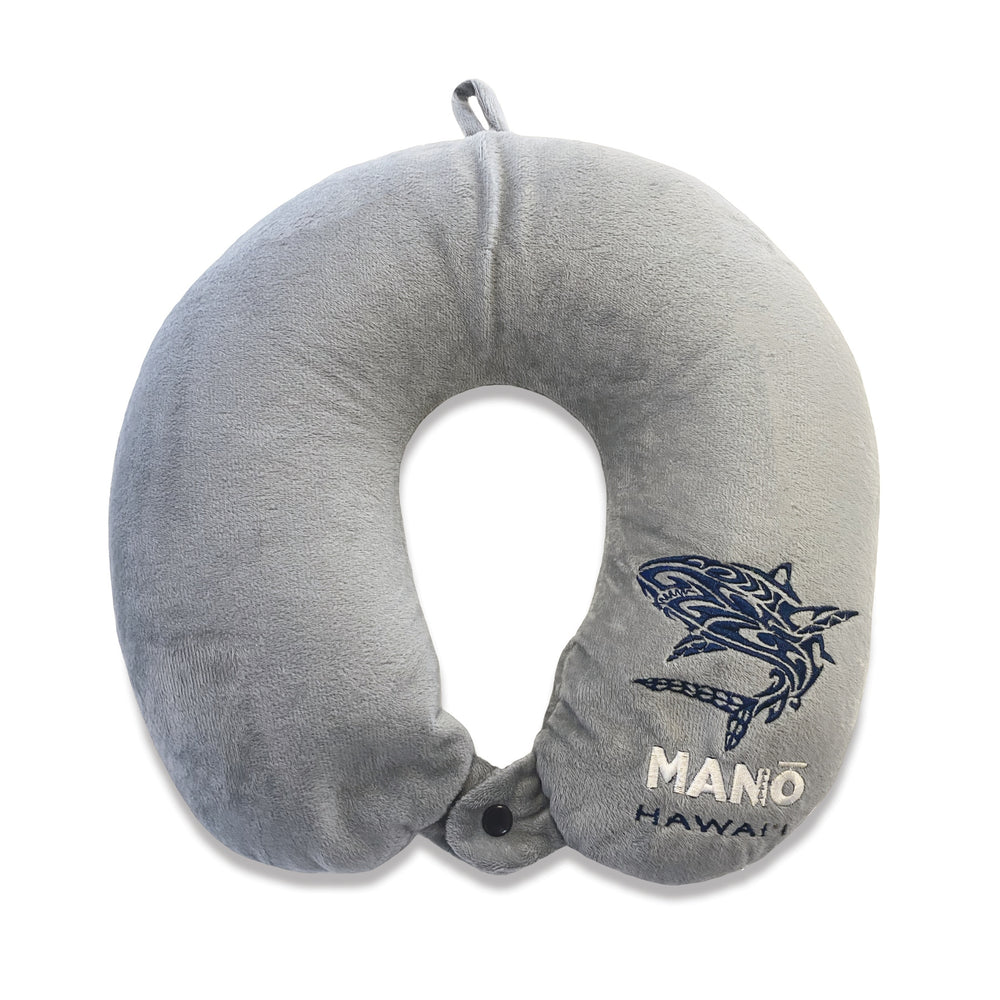 Grey Manō Hawai‘i Velvet Neck Pillow, 10" W x 11" L, plush velvet, expandable beads for neck support, with loop and snap button for easy attachment.