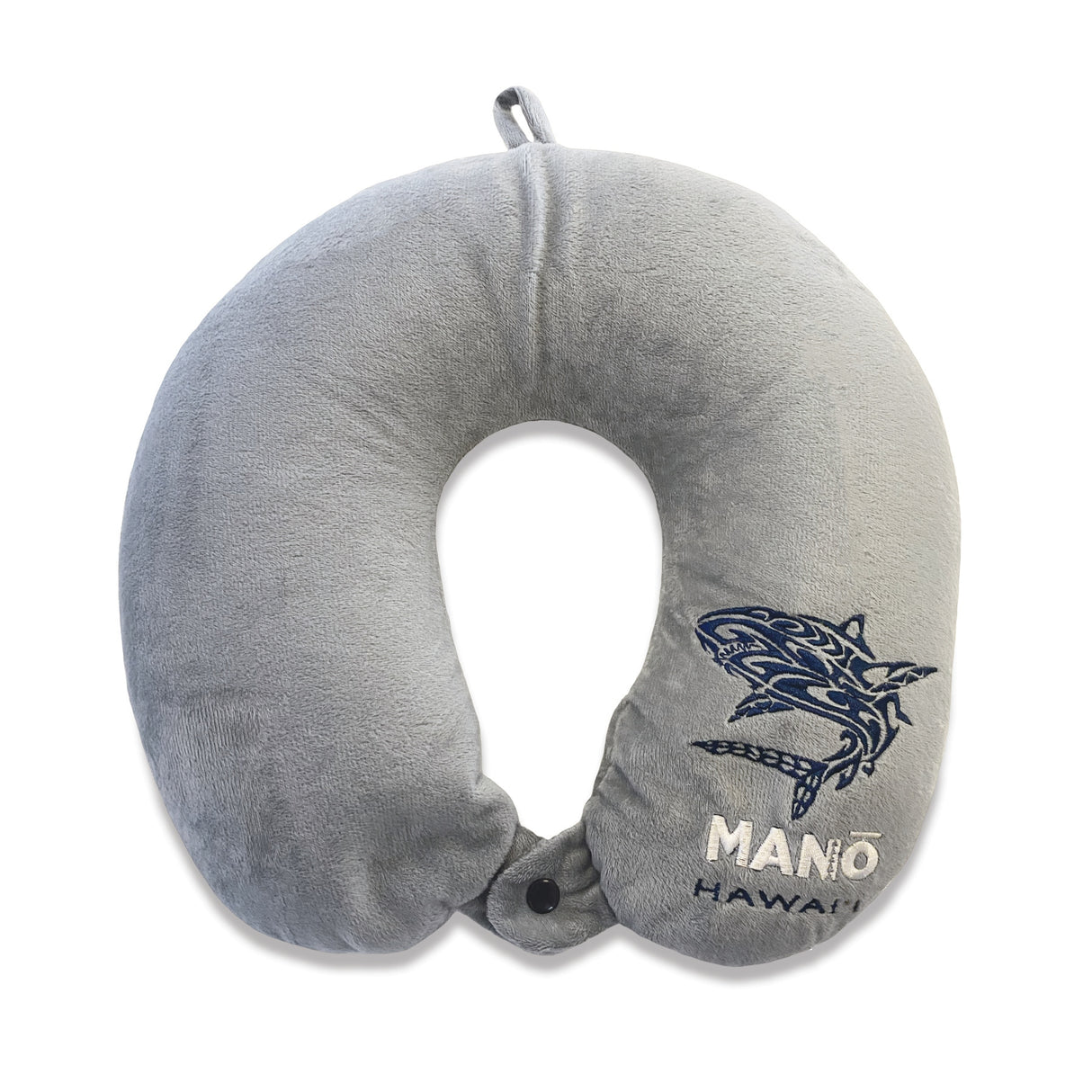 Grey Manō Hawai‘i Velvet Neck Pillow, 10" W x 11" L, plush velvet, expandable beads for neck support, with loop and snap button for easy attachment.