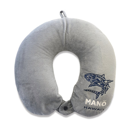 Grey Manō Hawai‘i Velvet Neck Pillow, 10" W x 11" L, plush velvet, expandable beads for neck support, with loop and snap button for easy attachment.