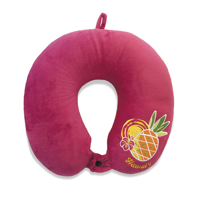 Velvet Neck Pillow, Pineapple Party, soft velvet shell, expandable polystyrene beads, loop for easy attachment, and snap button for secure fit.