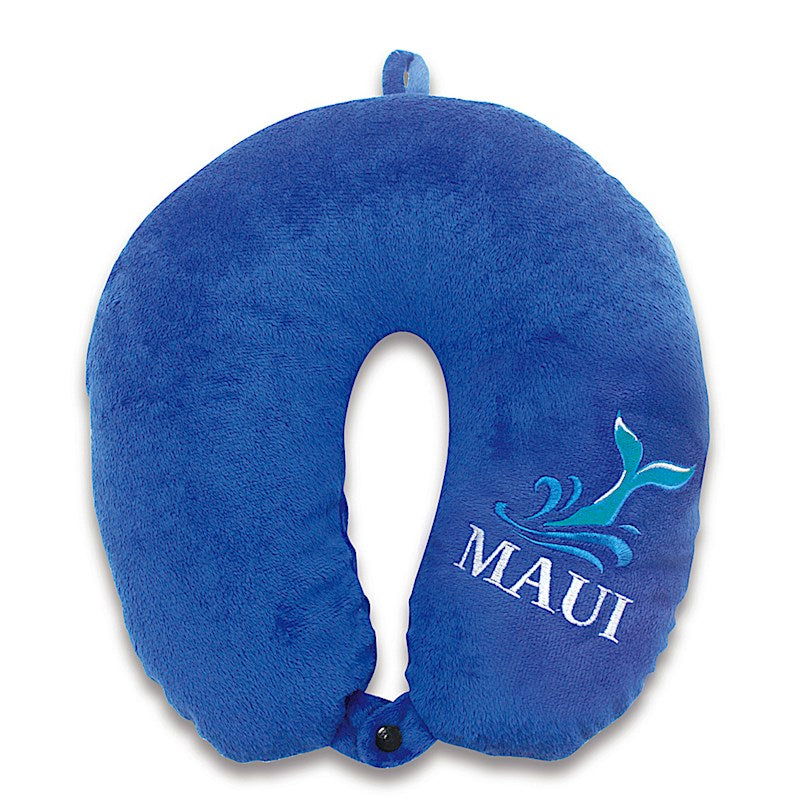 Velvet travel neck pillow featuring a Whale Tail design inspired by Maui, showcasing vibrant ocean-themed graphics, ideal for comfortable travel.