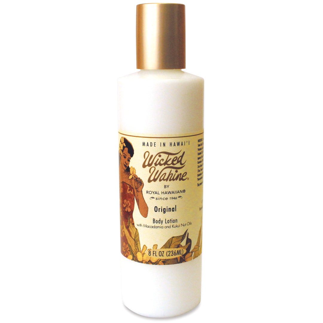Wicked Wahine 8 oz. body lotion with macadamia and kukui nut oils, featuring floral and musk notes.