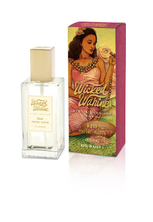 Wicked Wahine 3 oz. Rose perfume with rose petals and jasmine fragrance.