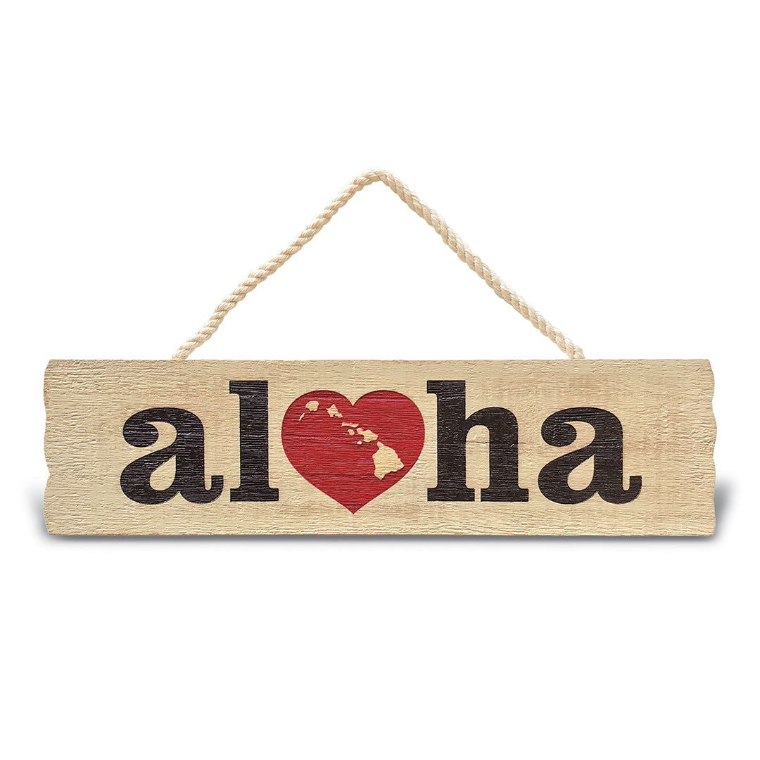 Wooden hanging sign featuring 'Heart of Hawaii - Aloha' design, showcasing rustic tropical elements and vibrant colors, perfect for home decor.