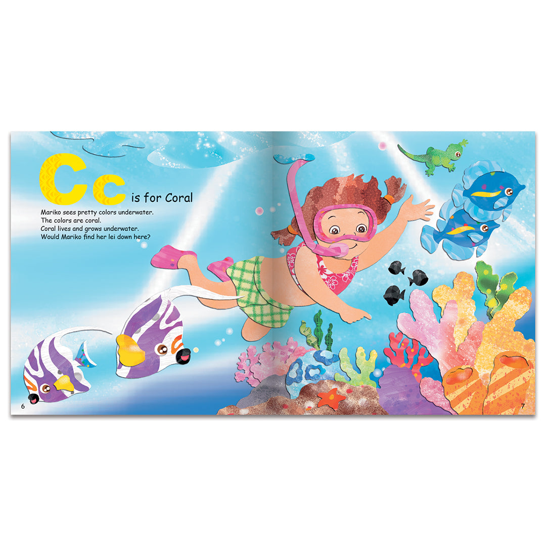 Illustration of a child diving underwater with colorful fish and coral, educational text about the letter 'C' for coral.
