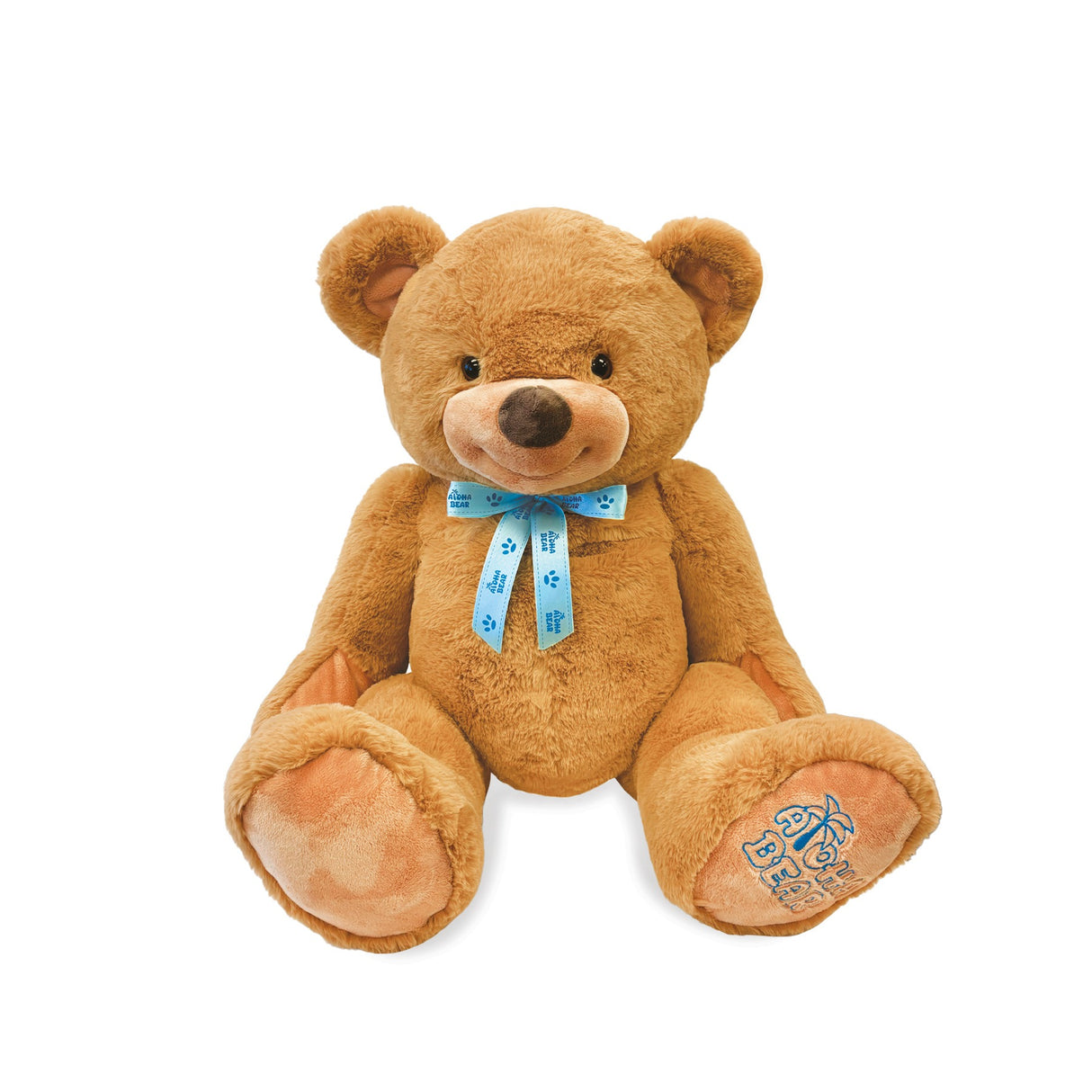 Extra huggable large Aloha Bear with soft brown fur, a sweet smile, and a blue ribbon that says 'Aloha Bear'