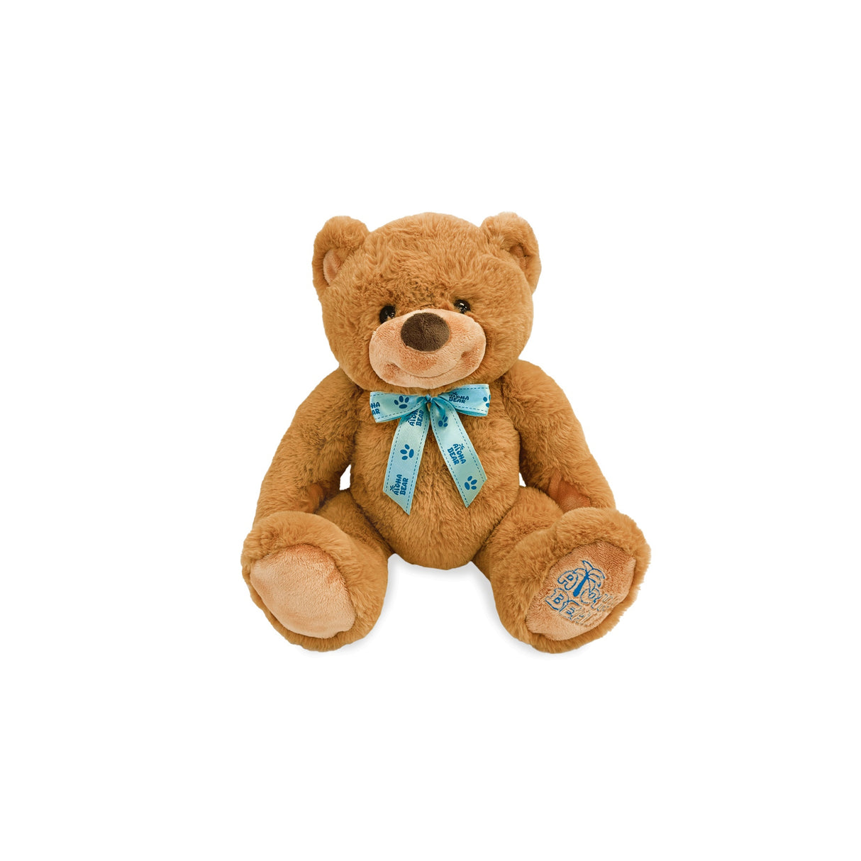 Medium brown Aloha Bear plush toy with blue branded ribbon – soft, cuddly, and perfect for gifting