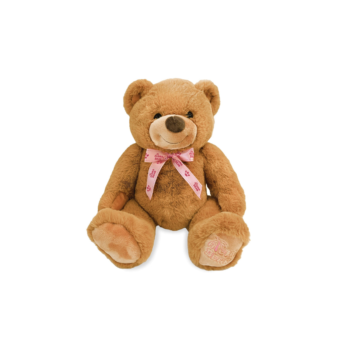 Medium-sized Aloha Bear plush toy with soft brown fur, a smiling face, and a pink 'Aloha Bear' ribbon tied around its neck.