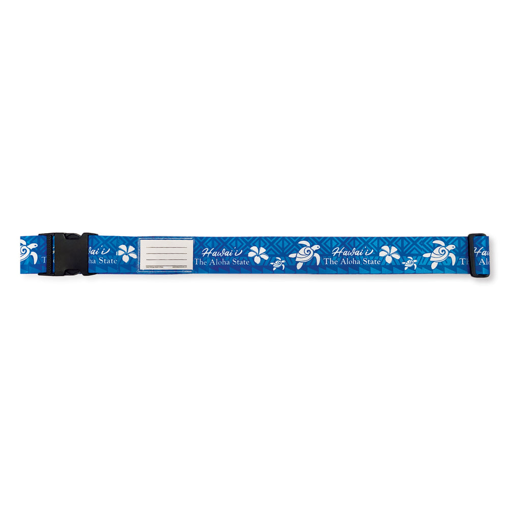 Aloha Honu luggage strap in blue, 71”L x 2”W, featuring durable polyester construction, an adjustable buckle, and a blank ID card for secure travel.